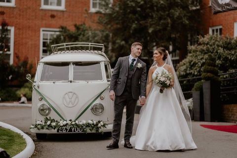 Wedding couple with Peggy the VW Bus