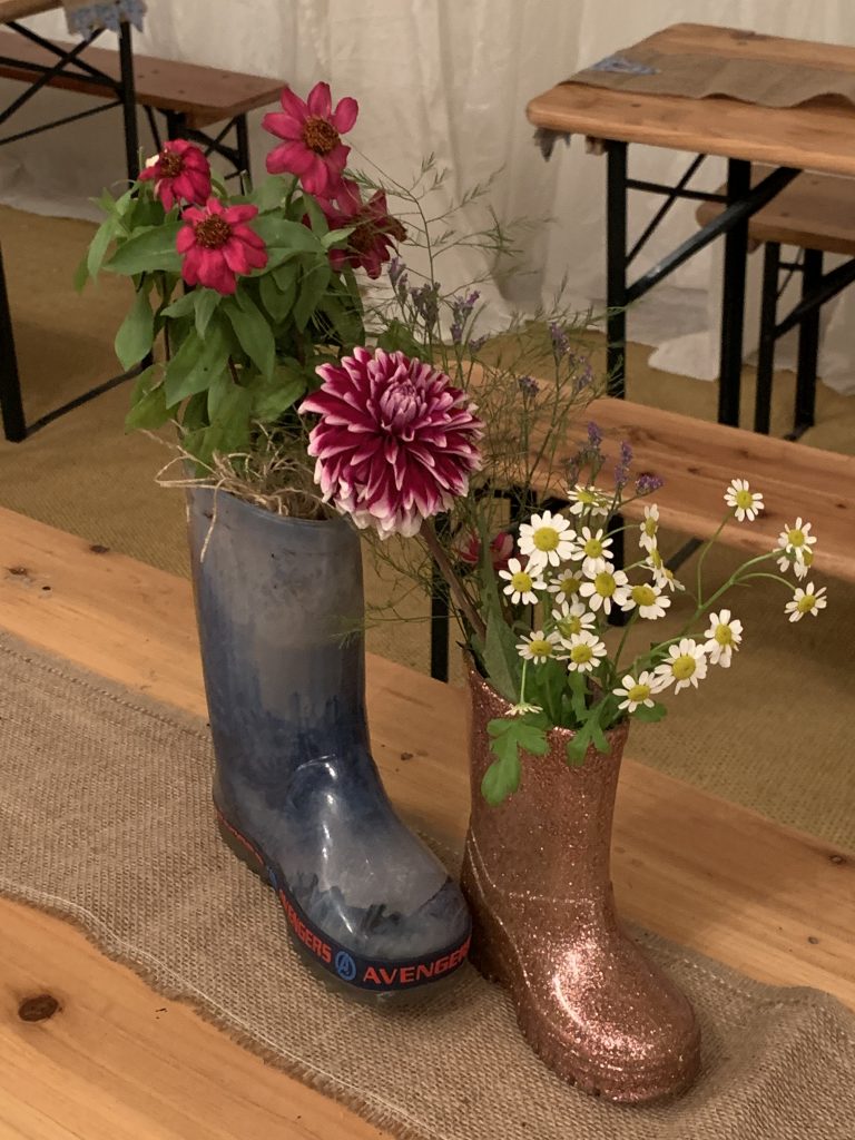 Wellie boot table decoration at Sussex Wedding Venue