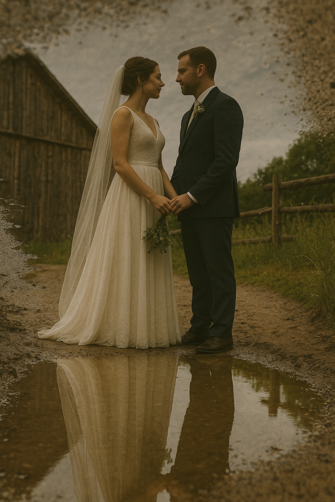 AI generated image of a wedding couple reflected in a puddle